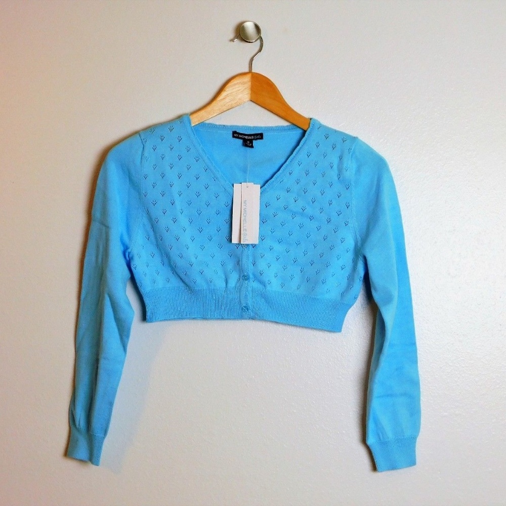 My Michelle Girls Cardigan Pointelle Long Sleeve Cropped size 16 Blue
